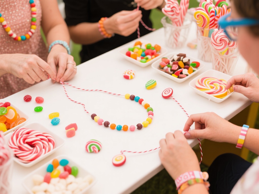 另一个有趣的玩法是设置糖果串制作区。提供不同形状的